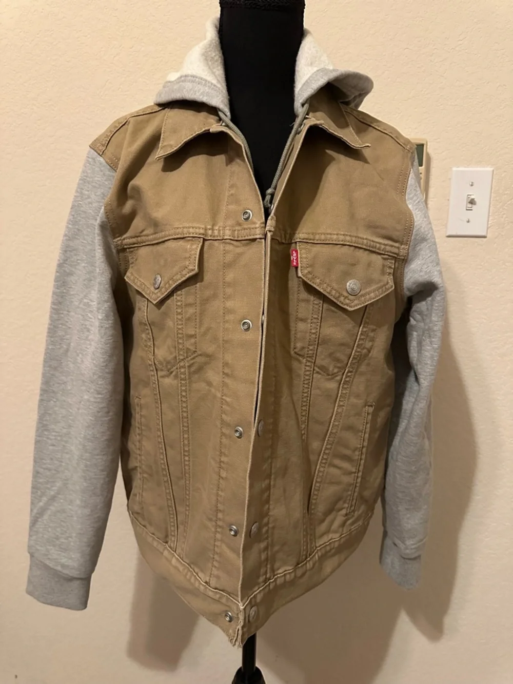 Levi's®Hybrid Tigers Eye Hoodie Jacket Tan Canvas with Gray Hoodie Sleeves. Sz S - Picture 4 of 16
